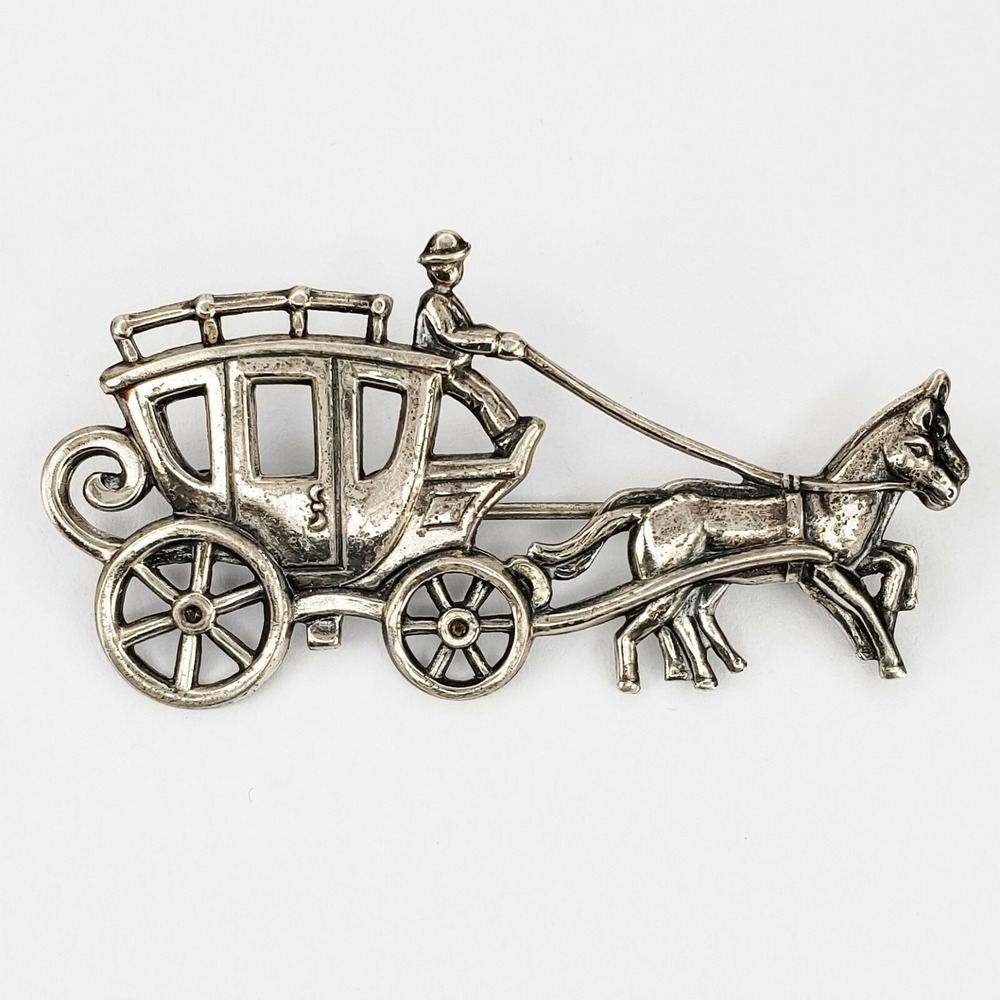 JewelArt Brooch Sterling Silver OS Silver Horse Drawn Stagecoach Vintage Pin